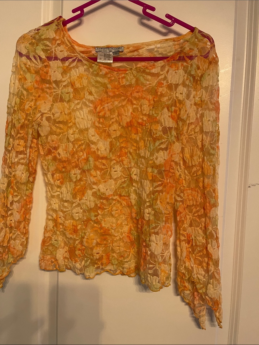 Alberto Makali Orange and Cream Floral Lace Long Sleeve Top